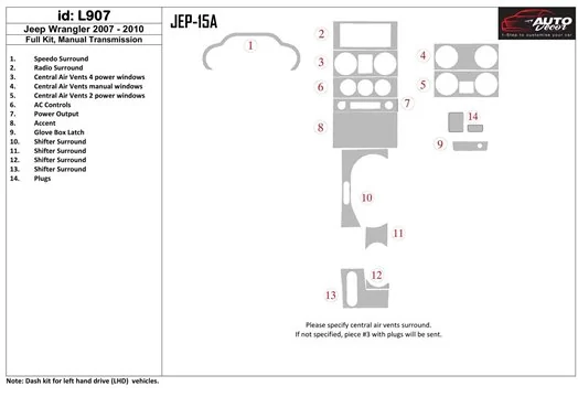 Jeep Wrangler 2007-2010 Ensemble Complet, boîte manuelle Box BD Kit la décoration du tableau de bord - 1 - habillage decor de ta