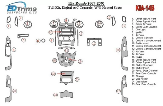 Kia Carens/Rondo 2007-UP Full Set, Automatic A/C Controls, W/O Heated Seats Interior BD Dash Trim Kit