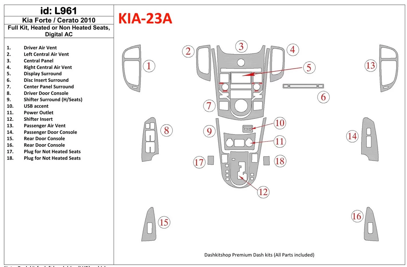 KIA Cerato 2010-2011 Full Set, Sedan Interior BD Dash Trim Kit