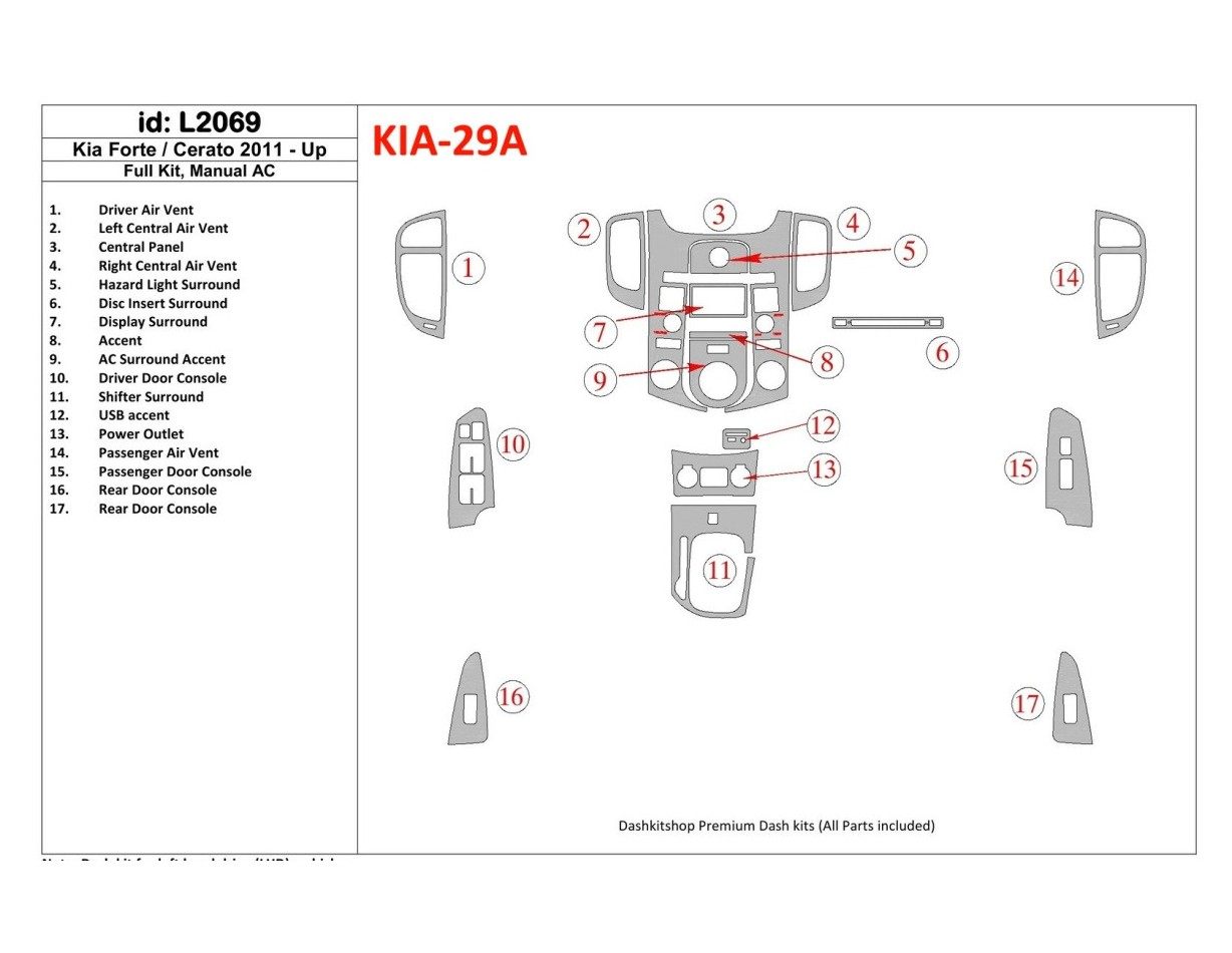 KIA Cerato 2011-UP Voll Satz, Aircondition BD innenausstattung armaturendekor cockpit dekor - 1- Cockpit Dekor Innenraum