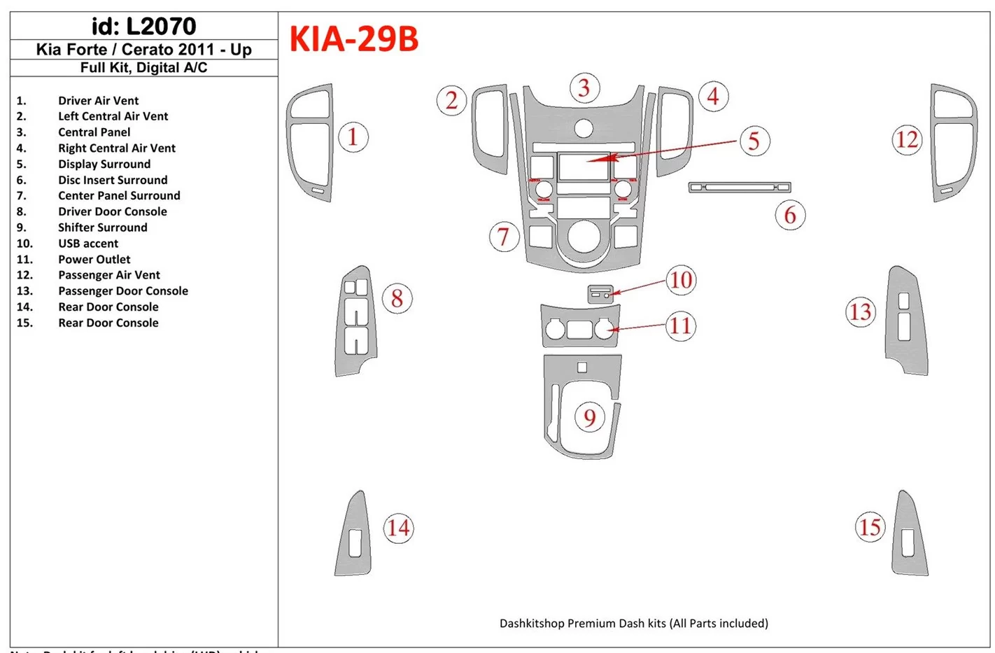 KIA Cerato 2011-UP Ensemble Complet, Climate-Control BD Kit la décoration du tableau de bord - 1 - habillage decor de tableau de