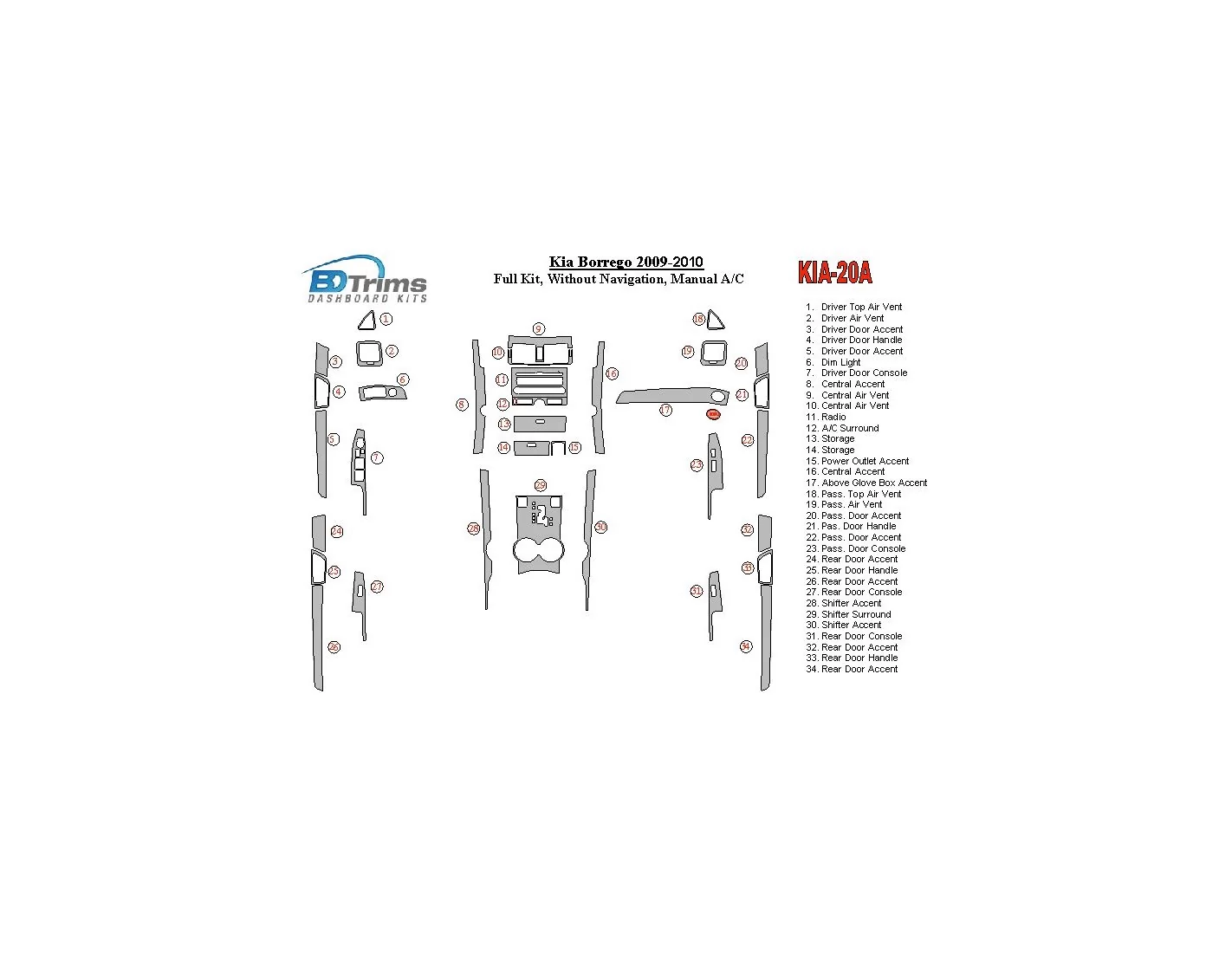 KIA Mohave 2008-UP Full Set, Without NAVI BD Interieur Dashboard Bekleding Volhouder