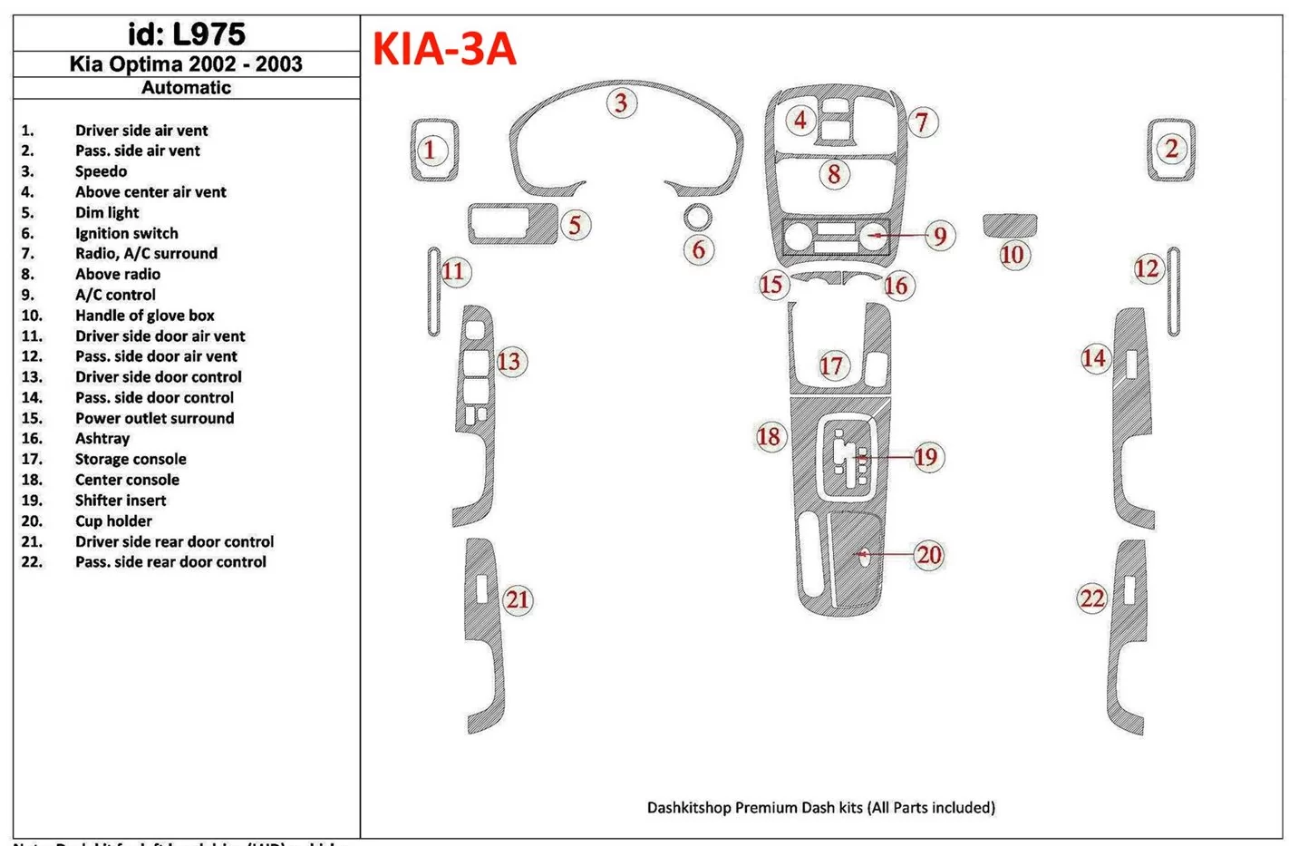 Kia Optima 2002-2003 Boîte automatique BD Kit la décoration du tableau de bord - 1 - habillage decor de tableau de bord