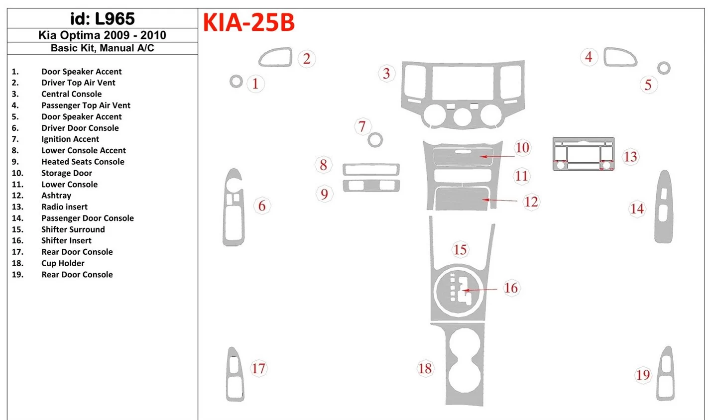 KIA Optima 2009-2010 Grundset, Manual Gearbox AC BD innenausstattung armaturendekor cockpit dekor - 1- Cockpit Dekor Innenraum