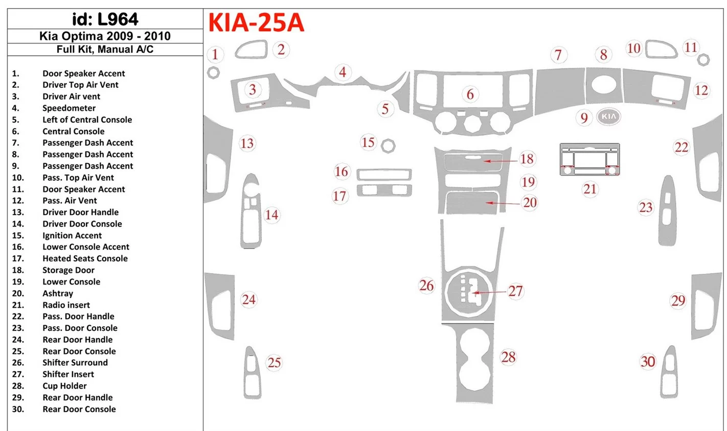 KIA Optima 2009-2010 Full Set, Manual Gearbox AC Interior BD Dash Trim Kit