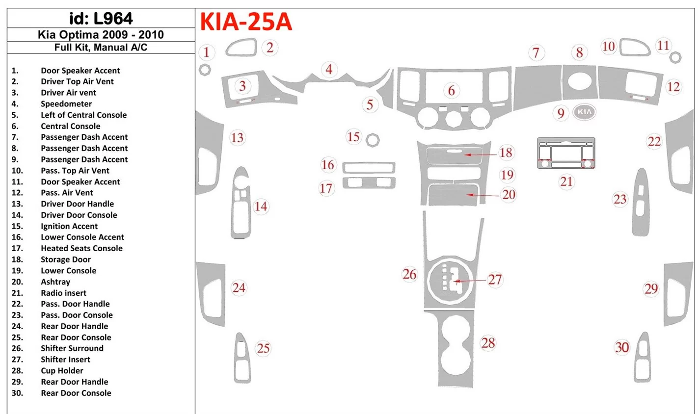 KIA Optima 2009-2010 Full Set, Manual Gearbox AC Cruscotto BD Rivestimenti interni