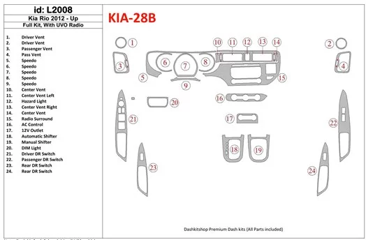 Kia Rio 2012-UP Full Set, With UVO Radio Interior BD Dash Trim Kit