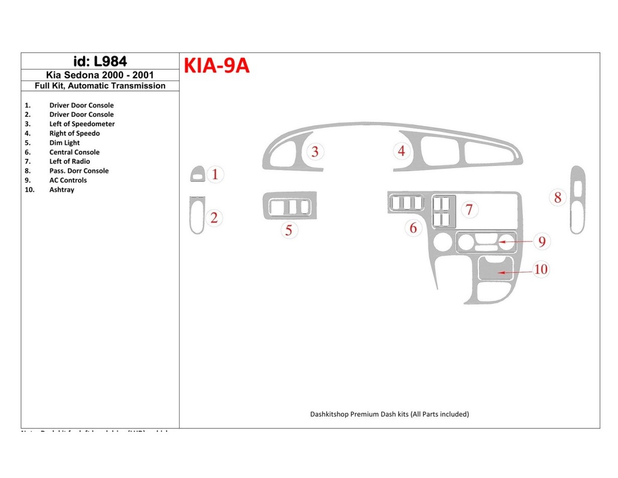 Kia Sedona 2000-2001 Full Set, Automatic Gear BD Interieur Dashboard Bekleding Volhouder