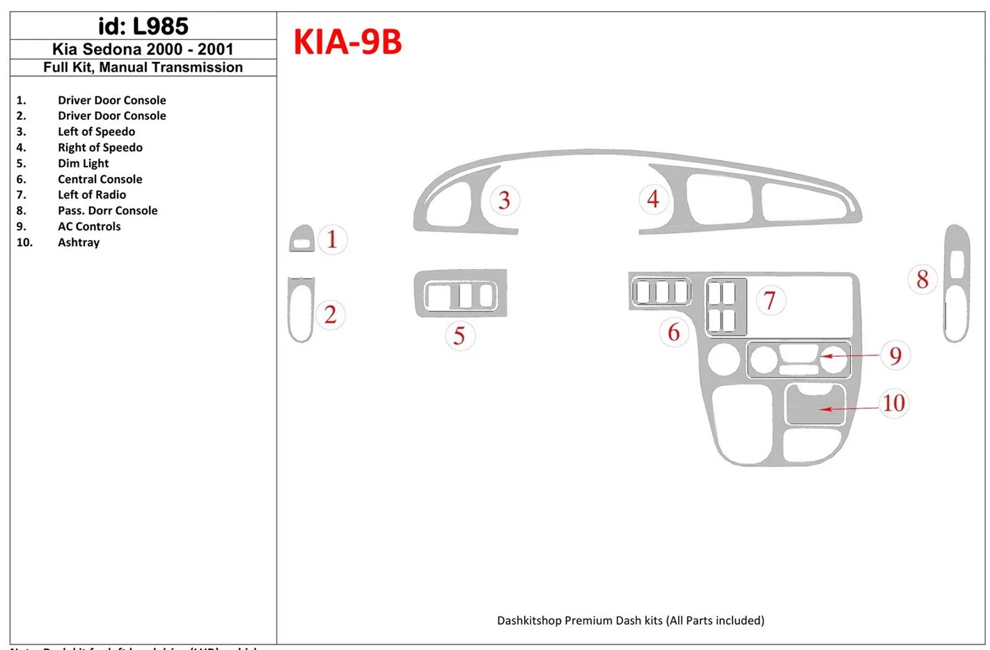 Kia Sedona 2000-2001 Ensemble Complet, boîte manuelle Box BD Kit la décoration du tableau de bord - 1 - habillage decor de table