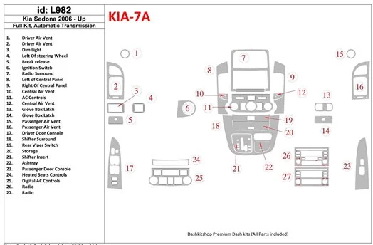 Kia Sedona 2006-UP Full Set, Automatic Gear Cruscotto BD Rivestimenti interni