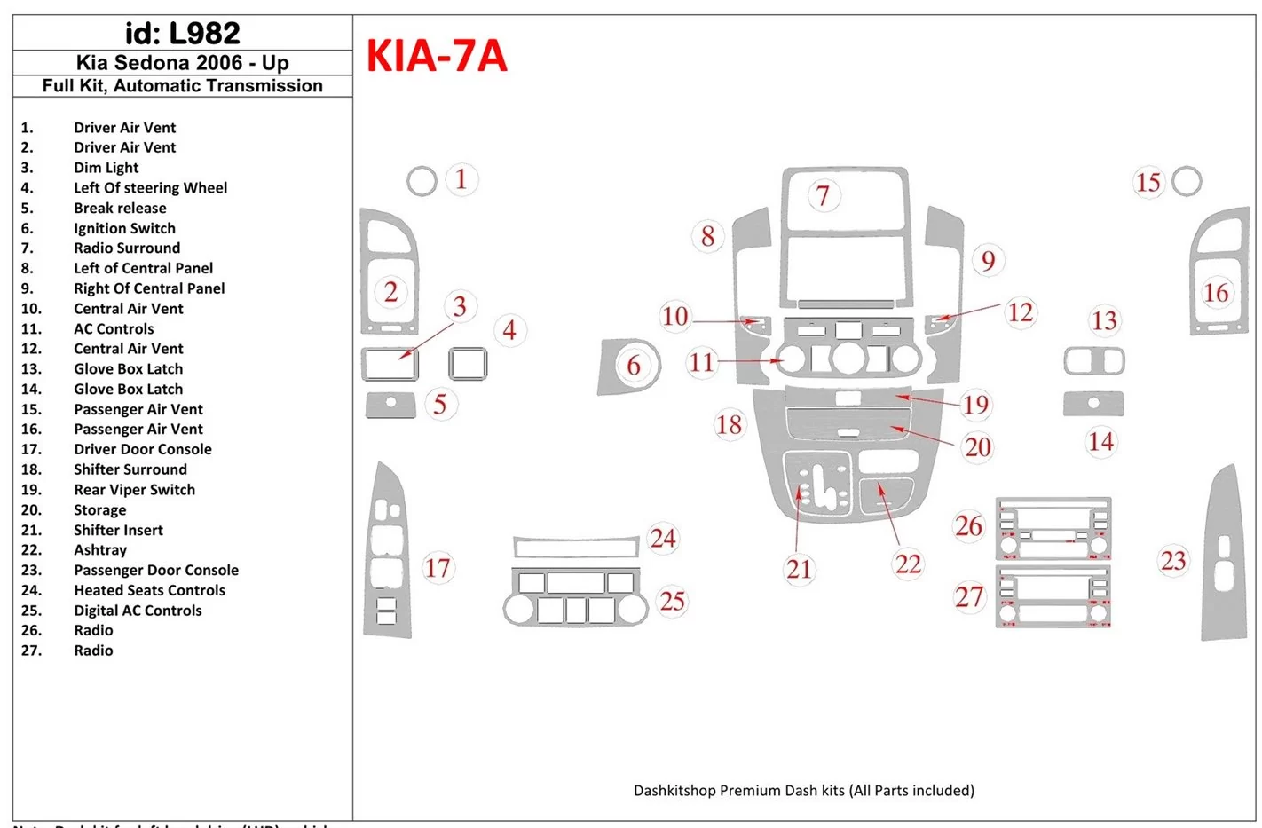 Kia Sedona 2006-UP Ensemble Complet, Boîte automatique BD Kit la décoration du tableau de bord - 1 - habillage decor de tableau 