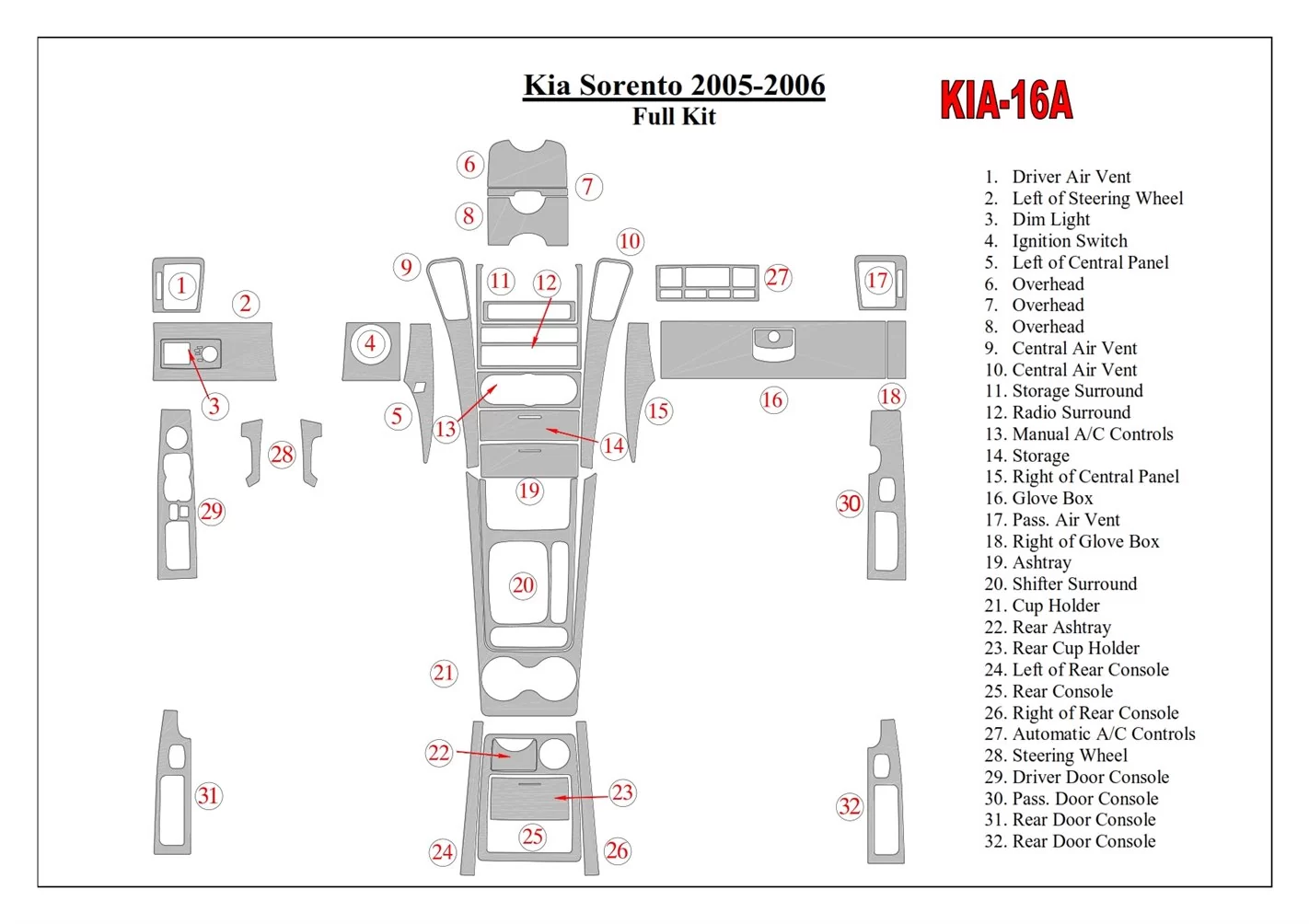 Kia Sorento 2005-2006 Ensemble Complet BD Kit la décoration du tableau de bord - 1 - habillage decor de tableau de bord