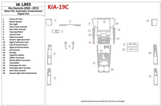 KIA Sorento 2008-2010 Basic Set, Automatic Gear, Without Heated Seats BD Interieur Dashboard Bekleding Volhouder