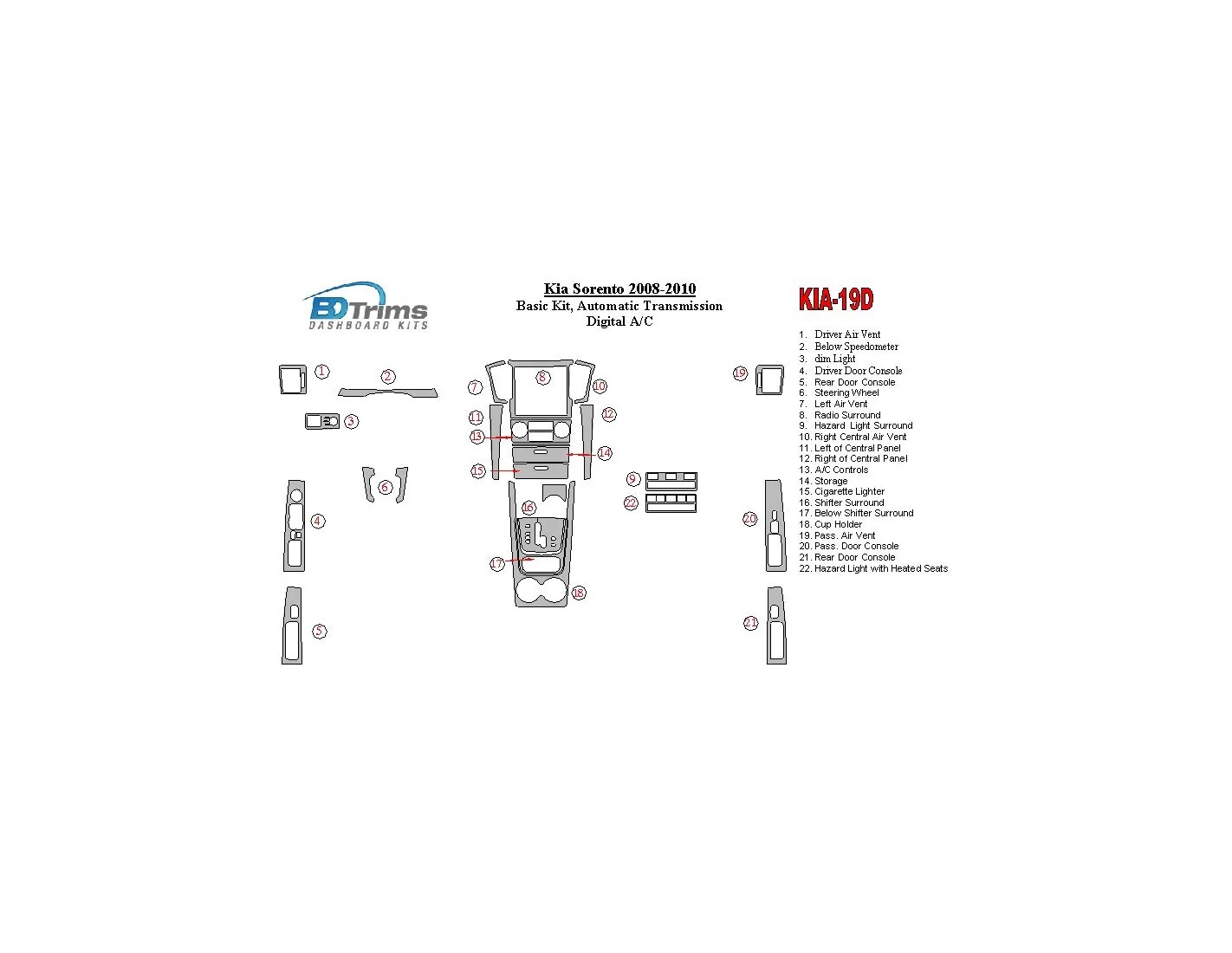 KIA Sorento 2008-2010 Basic Set, Automatic Gear,with Heated Seats BD Interieur Dashboard Bekleding Volhouder