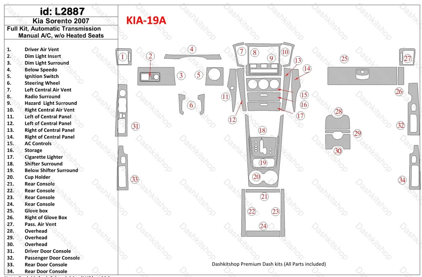 KIA Sorento 2008-2010 Ful Kit, Boîte automatique, Sans Heated Seats BD Kit la décoration du tableau de bord - 1 - habillage deco