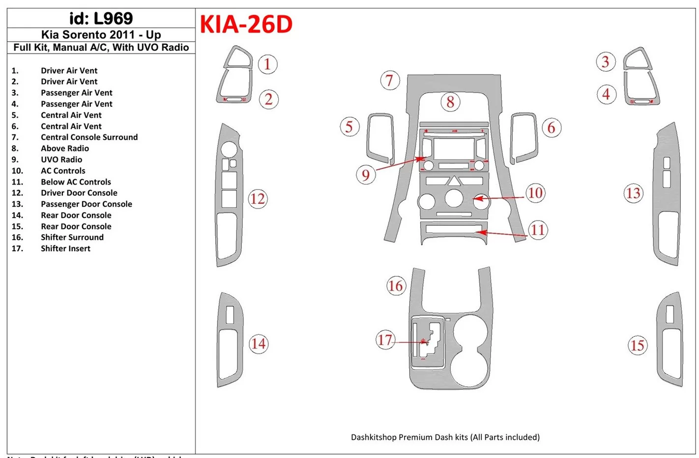 KIA Sorento 2011-UP Full Set, Aircondition, With UVO Radio BD Interieur Dashboard Bekleding Volhouder