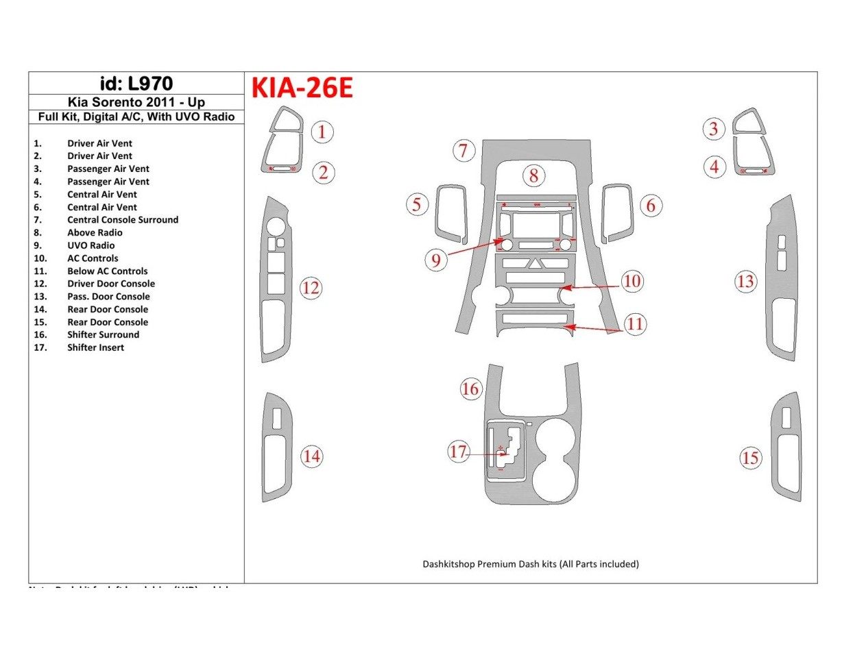 KIA Sorento 2011-UP Ensemble Complet, Climate-Control, Avec UVO Radio BD Kit la décoration du tableau de bord - 1 - habillage de