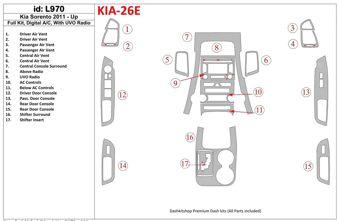 KIA Sorento 2011-UP Ensemble Complet, Climate-Control, Avec UVO Radio BD Kit la décoration du tableau de bord - 1 - habillage de