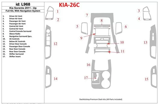 KIA Sorento 2011-UP Full Set, With NAVI system Cruscotto BD Rivestimenti interni