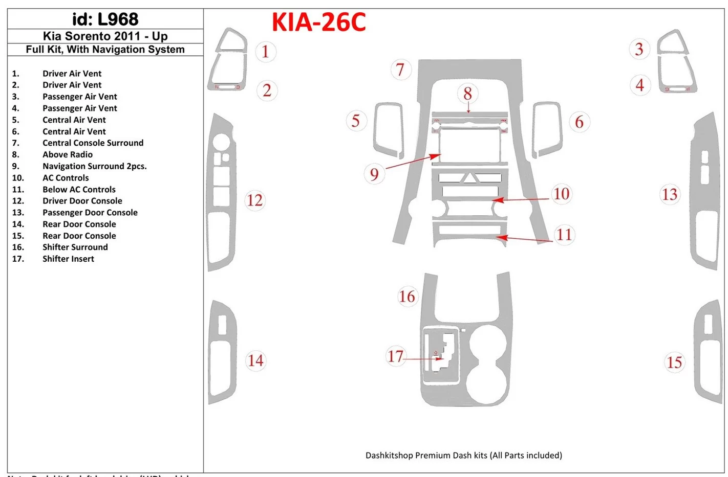 KIA Sorento 2011-UP Full Set, With NAVI system Cruscotto BD Rivestimenti interni