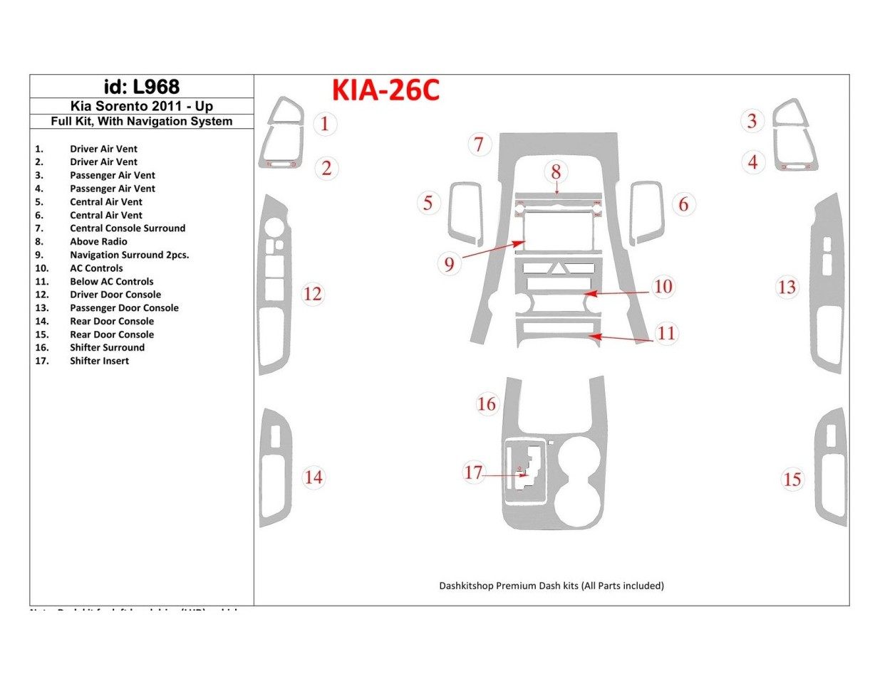 KIA Sorento 2011-UP Voll Satz, With NAVI system BD innenausstattung armaturendekor cockpit dekor - 1- Cockpit Dekor Innenraum