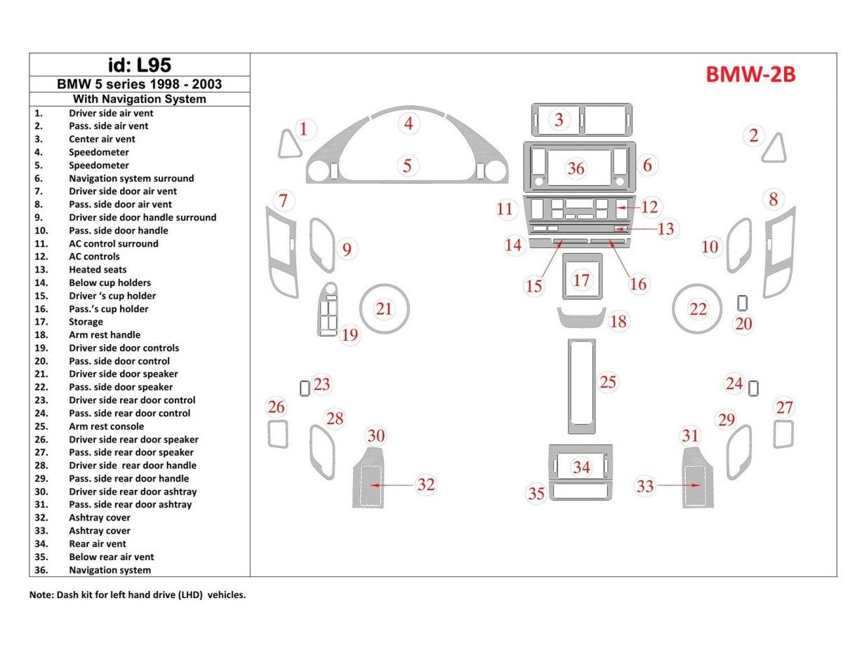 BMW 5 1998-UP Avec NAVI system, 36 Parts set BD Kit la décoration du tableau de bord - 1 - habillage decor de tableau de bord