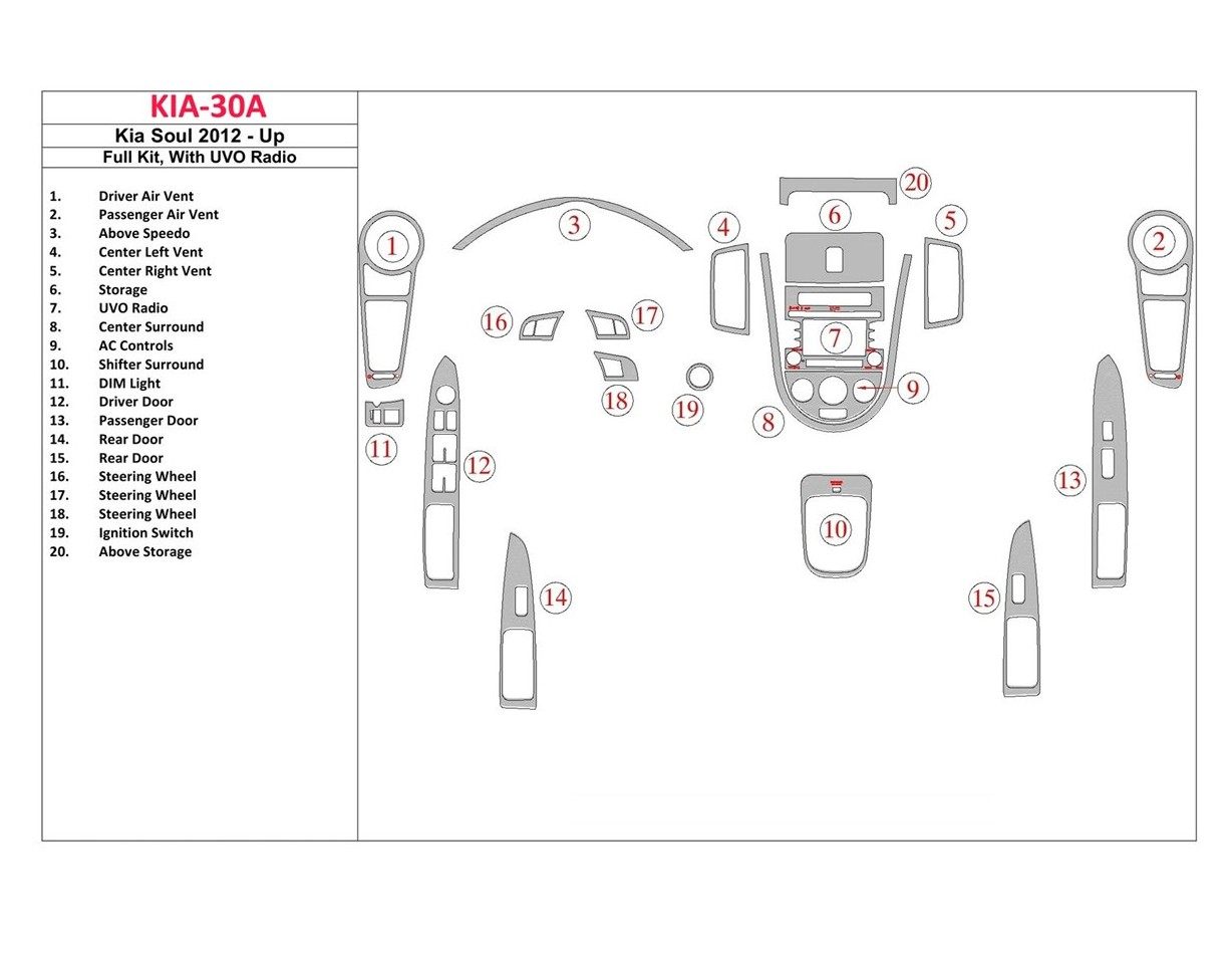 Kia Soul 2012-UP Full Set With UVO Radio Cruscotto BD Rivestimenti interni