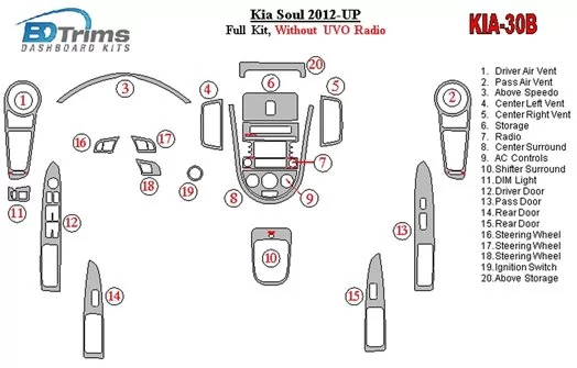 Kia Soul 2012-UP Full Set Without UVO Radio Cruscotto BD Rivestimenti interni