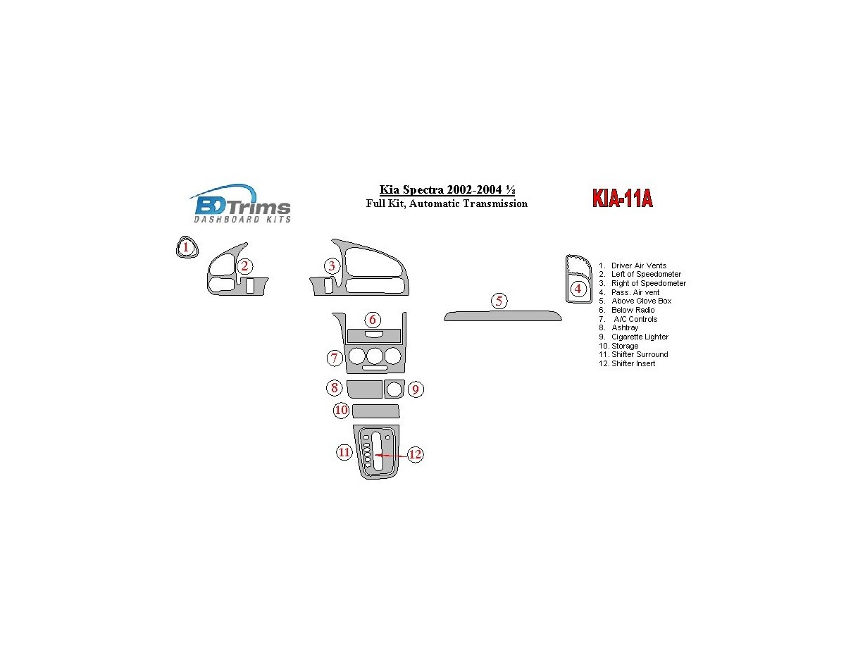 Kia Spectra 2002-2004 Full Set, Automatic Gear Cruscotto BD Rivestimenti interni