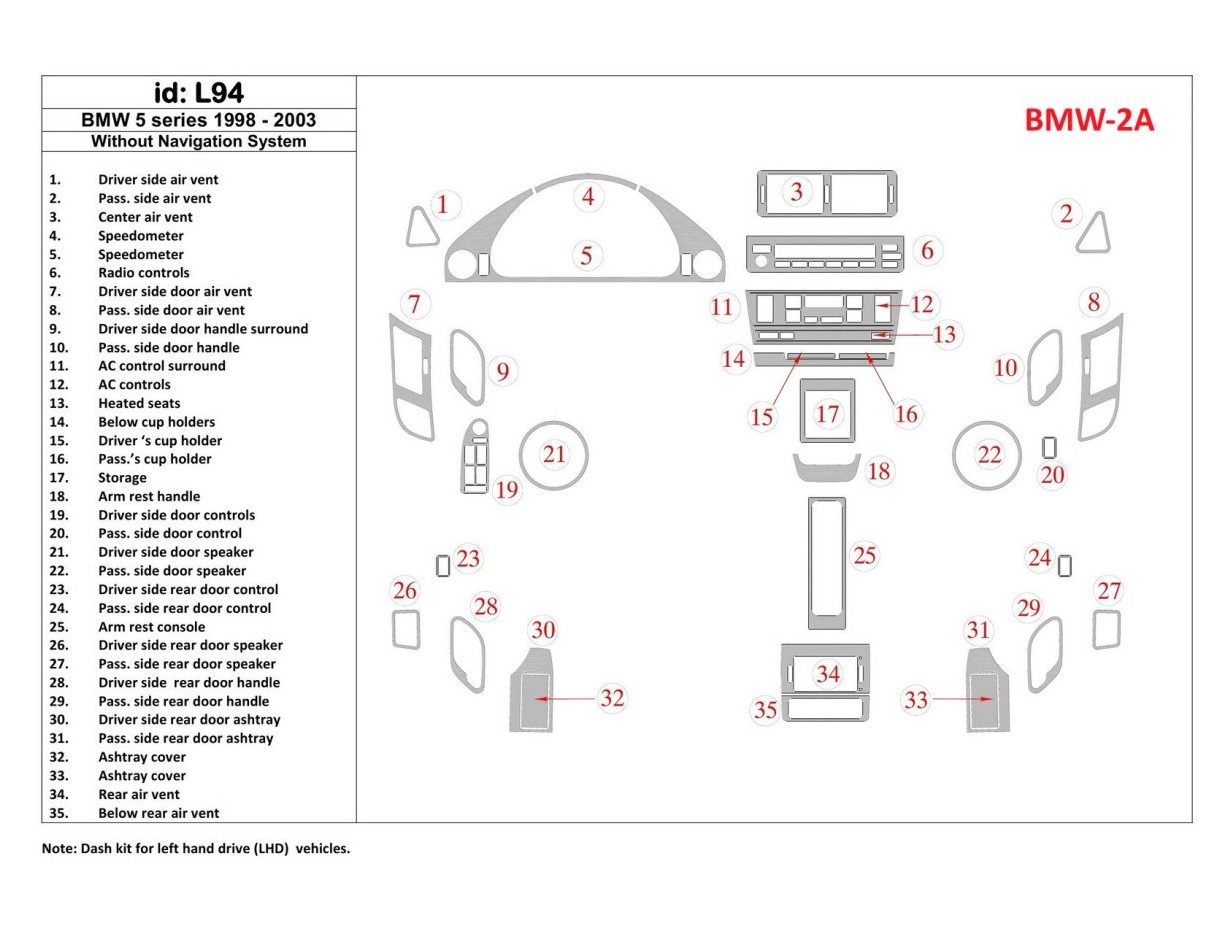 BMW 5 1998-UP Without NAVI system, 35 Parts set BD innenausstattung armaturendekor cockpit dekor - 1- Cockpit Dekor Innenraum