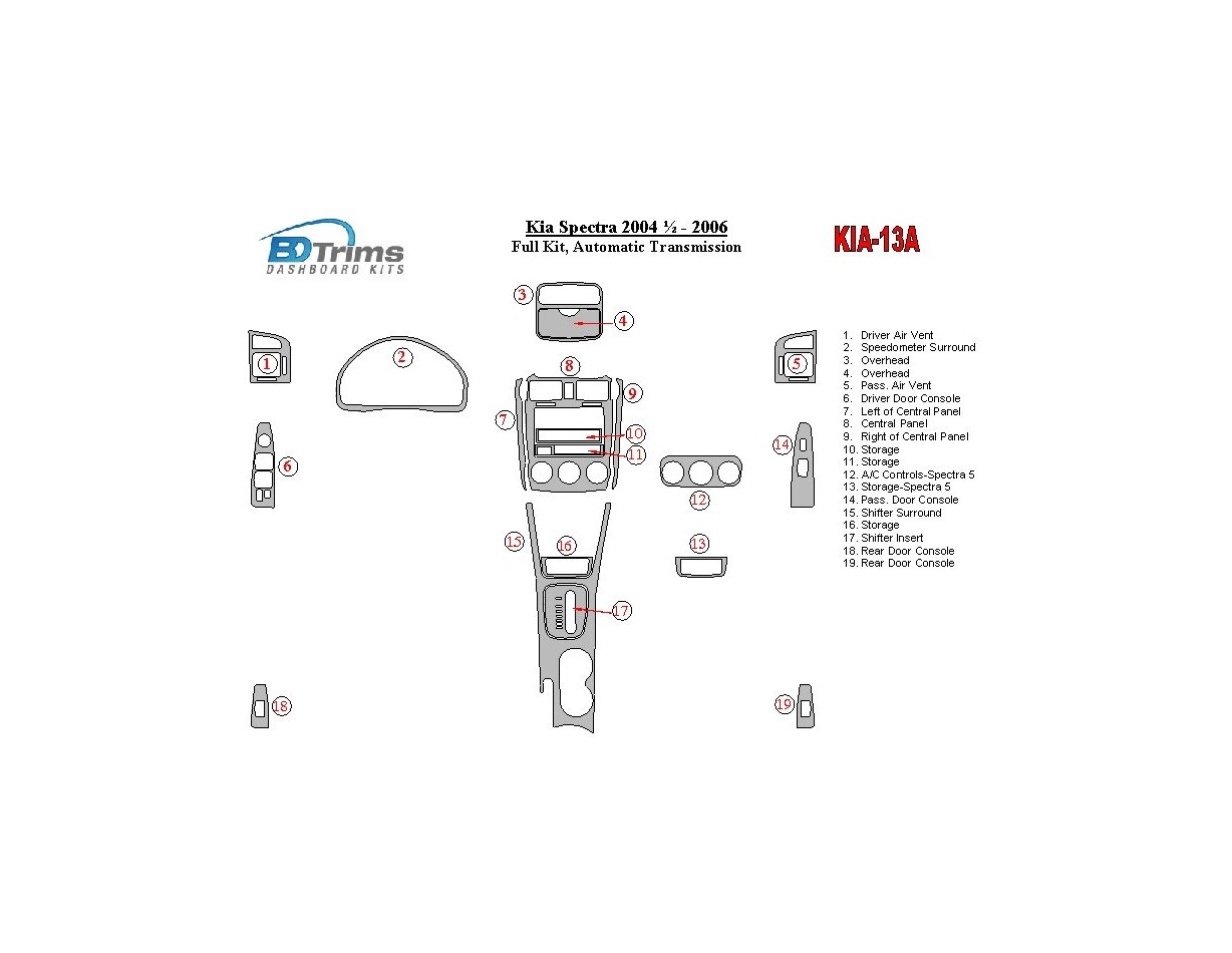 Kia Spectra 2004-2006 Full Set, Automatic Gear BD Interieur Dashboard Bekleding Volhouder