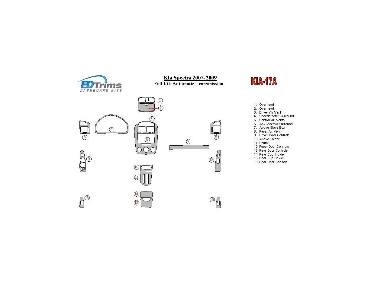 KIA Spectra 2007-UP Full Set, Automatic Gear BD Interieur Dashboard Bekleding Volhouder