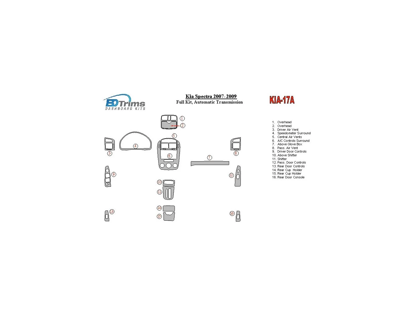 KIA Spectra 2007-UP Full Set, Automatic Gear BD Interieur Dashboard Bekleding Volhouder