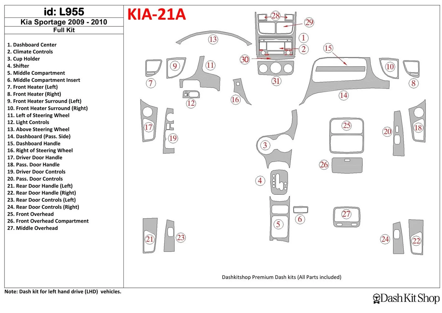 KIA Sportage 2009-2010 Full Set Cruscotto BD Rivestimenti interni