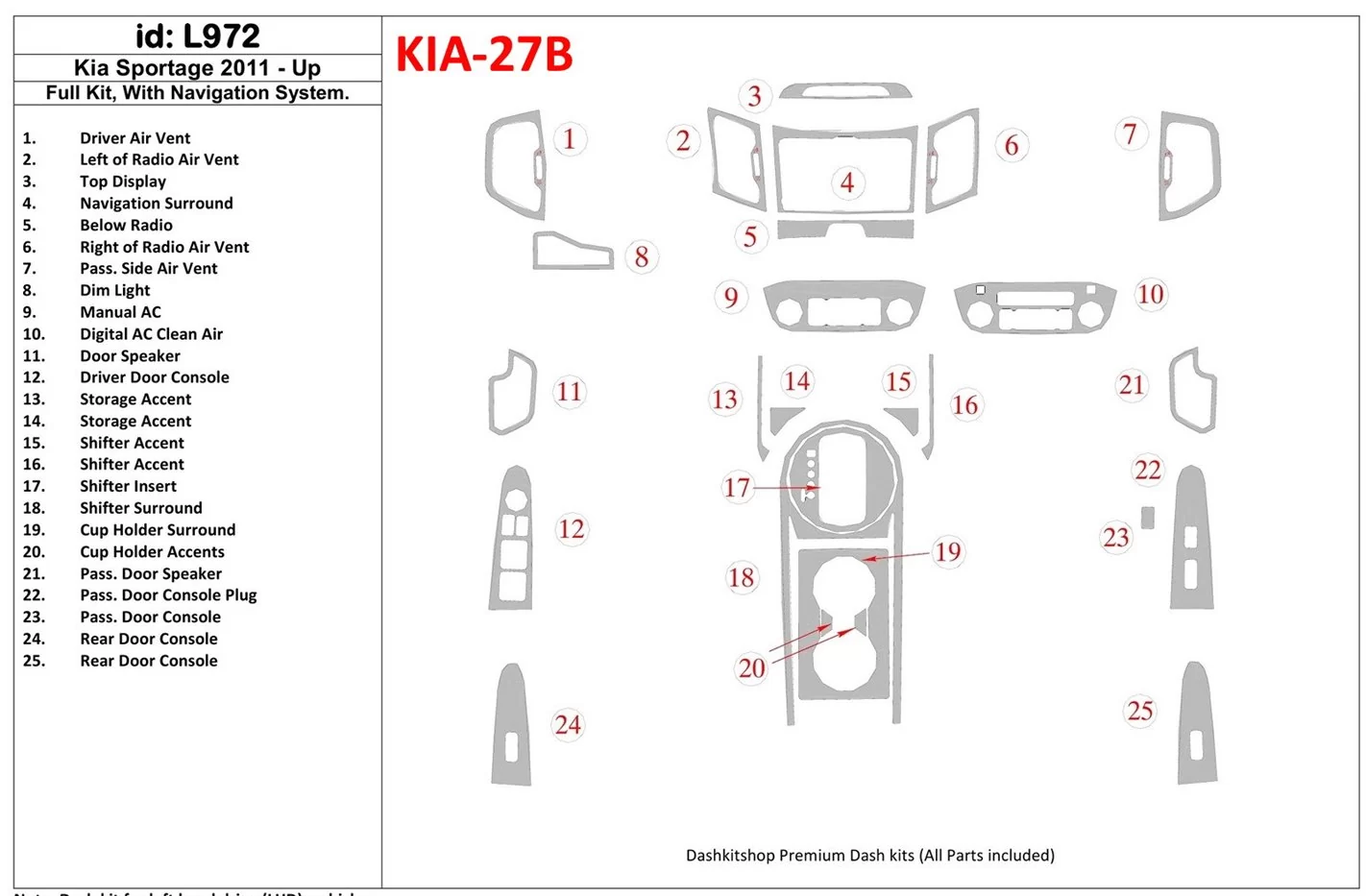 KIA Sportage 2011-UP Full Set, With NAVI system Cruscotto BD Rivestimenti interni