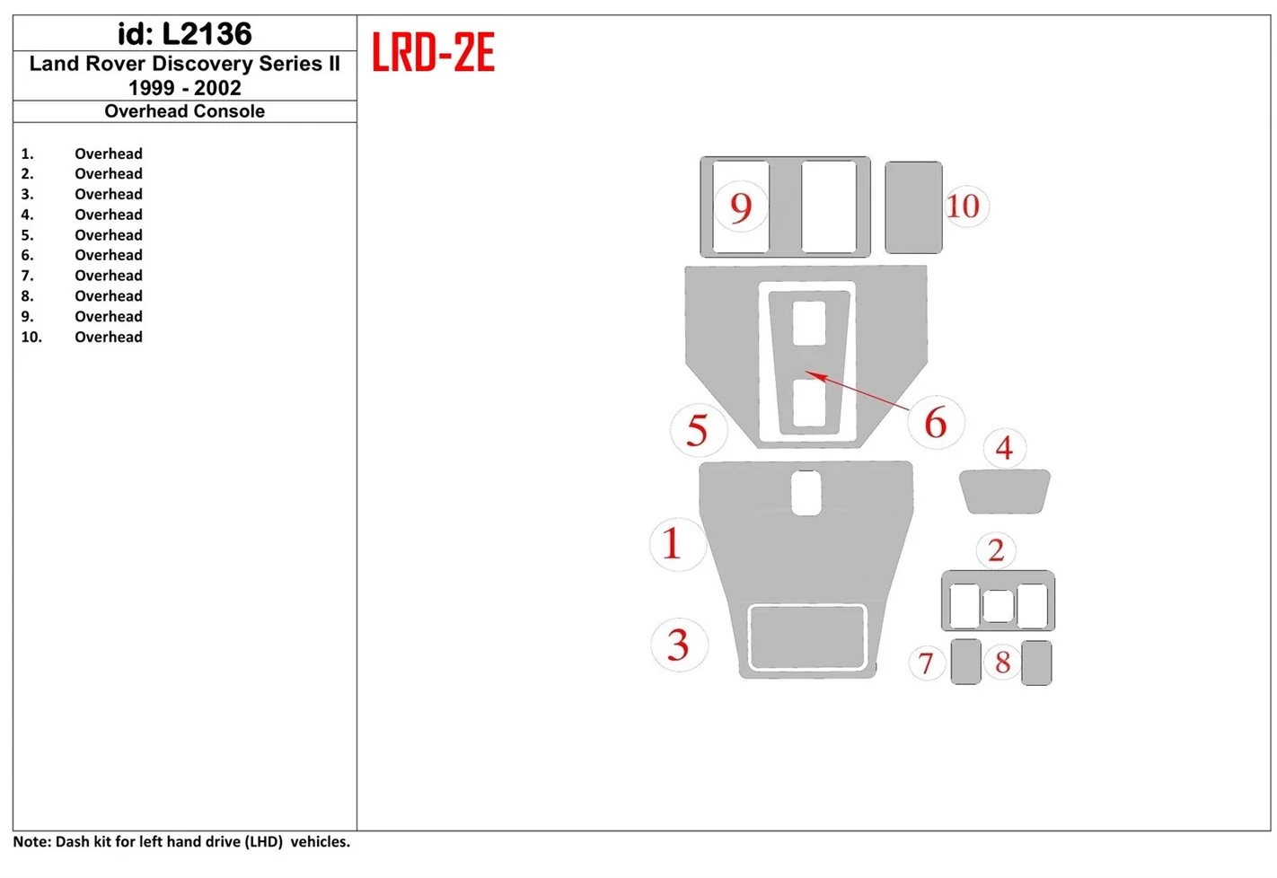 Land Rover Discovery 1999-2002 Overhead Console BD Interieur Dashboard Bekleding Volhouder