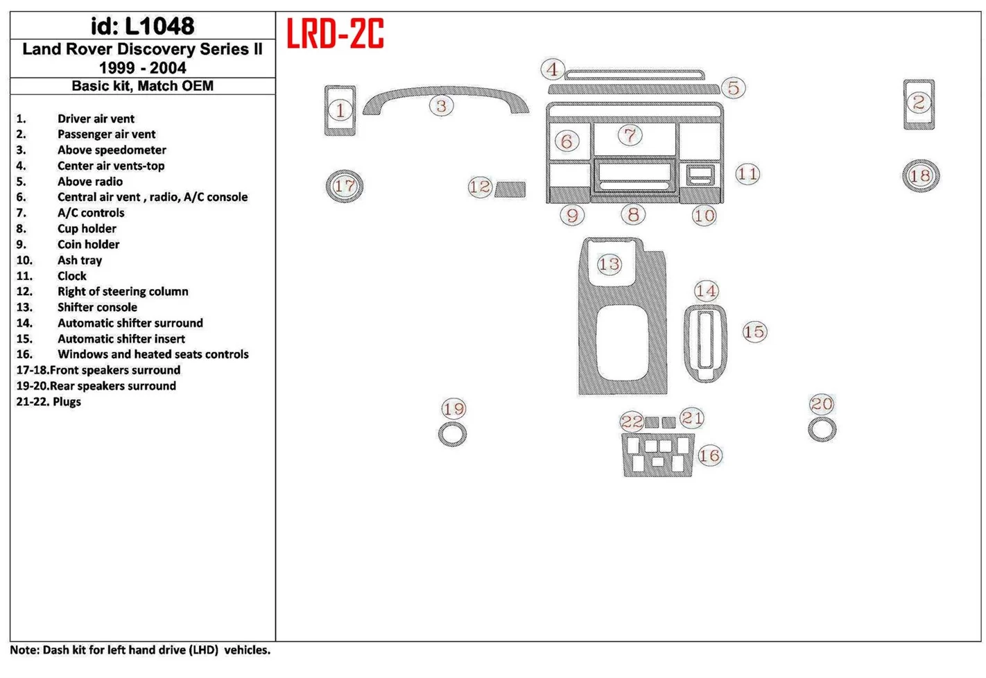 Land Rover Discovery 1999-2004 Paquet de base, Sans OEM BD Kit la décoration du tableau de bord - 1 - habillage decor de tableau