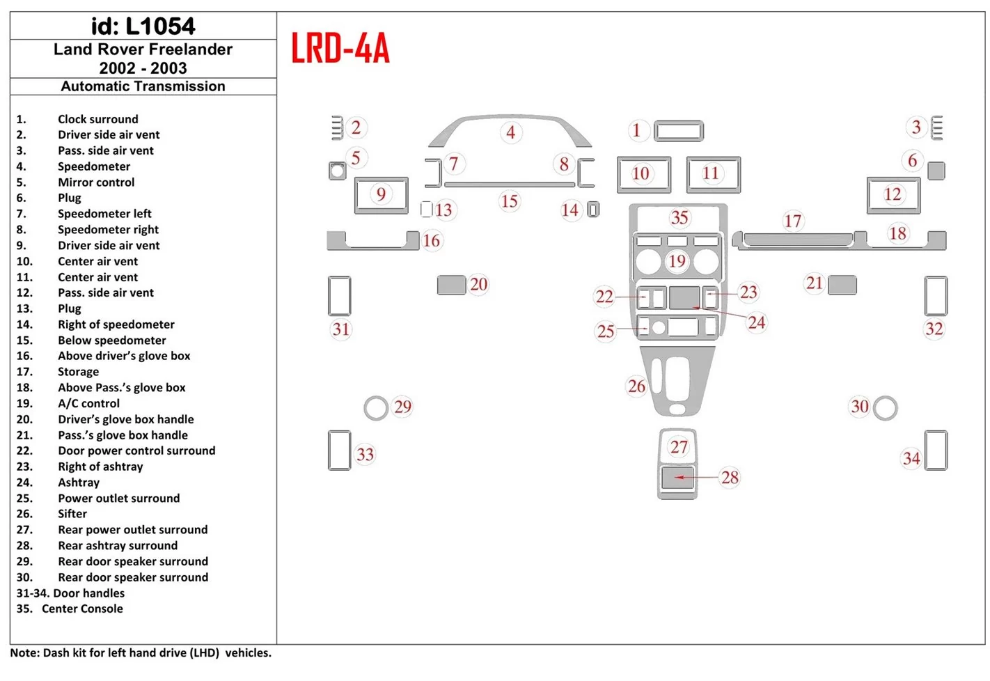 Land Rover Freelander 2002-2003 Ensemble Complet, 34 Parts set BD Kit la décoration du tableau de bord - 1 - habillage decor de 