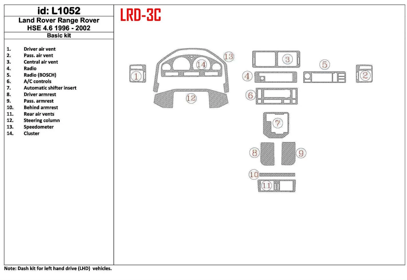 Land Rover Range Rover 1996-2002 46 HSE 2001-2002 Ensemble Complet, OEM Compliance, 14 Parts set BD Décoration de tableau de bor