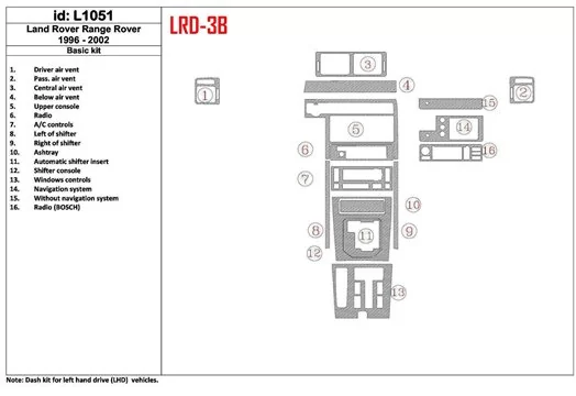 Land Rover Range Rover 1996-2002 Basic Set, OEM Compliance, 16 Parts set Cruscotto BD Rivestimenti interni