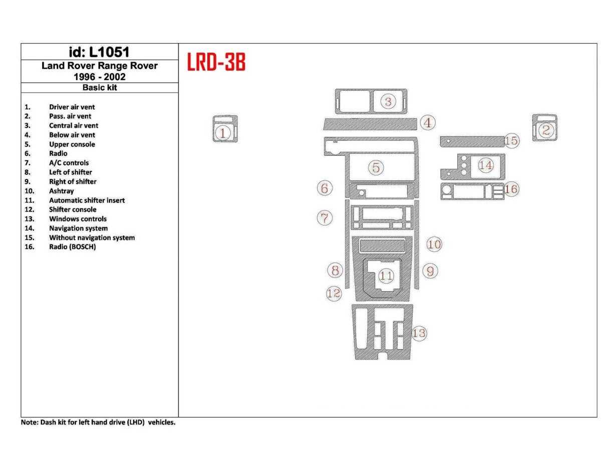 Land Rover Range Rover 1996-2002 Grundset, OEM Compliance, 16 Parts set BD innenausstattung armaturendekor cockpit dekor - 1- Co
