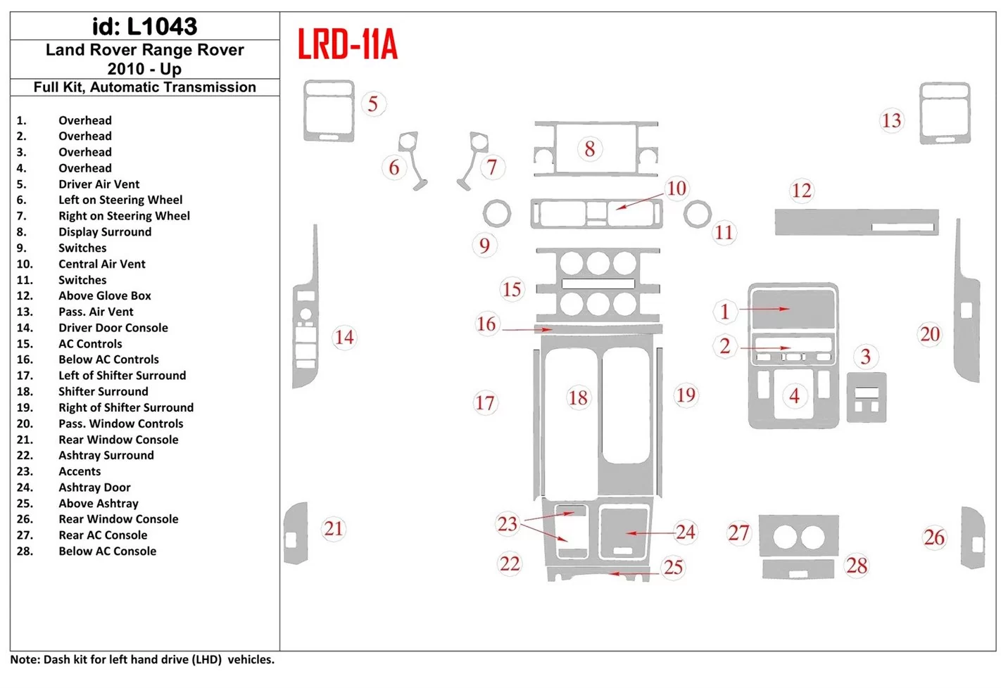 Land Rover Range Rover 2010-UP Ensemble Complet, Boîte automatique BD Kit la décoration du tableau de bord - 1 - habillage decor