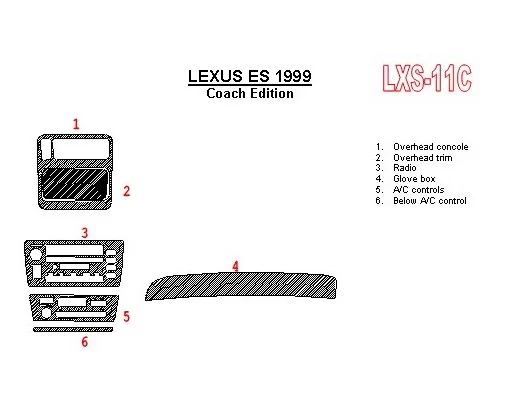 Lexus ES 1999-1999 Full Set, Coach Edition OEM Compliance Interior BD Dash Trim Kit