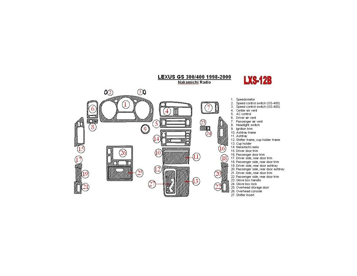 Lexus GS 1998-2000 Nakamichi Radio, OEM Compliance, 26 Parts set Interior BD Dash Trim Kit