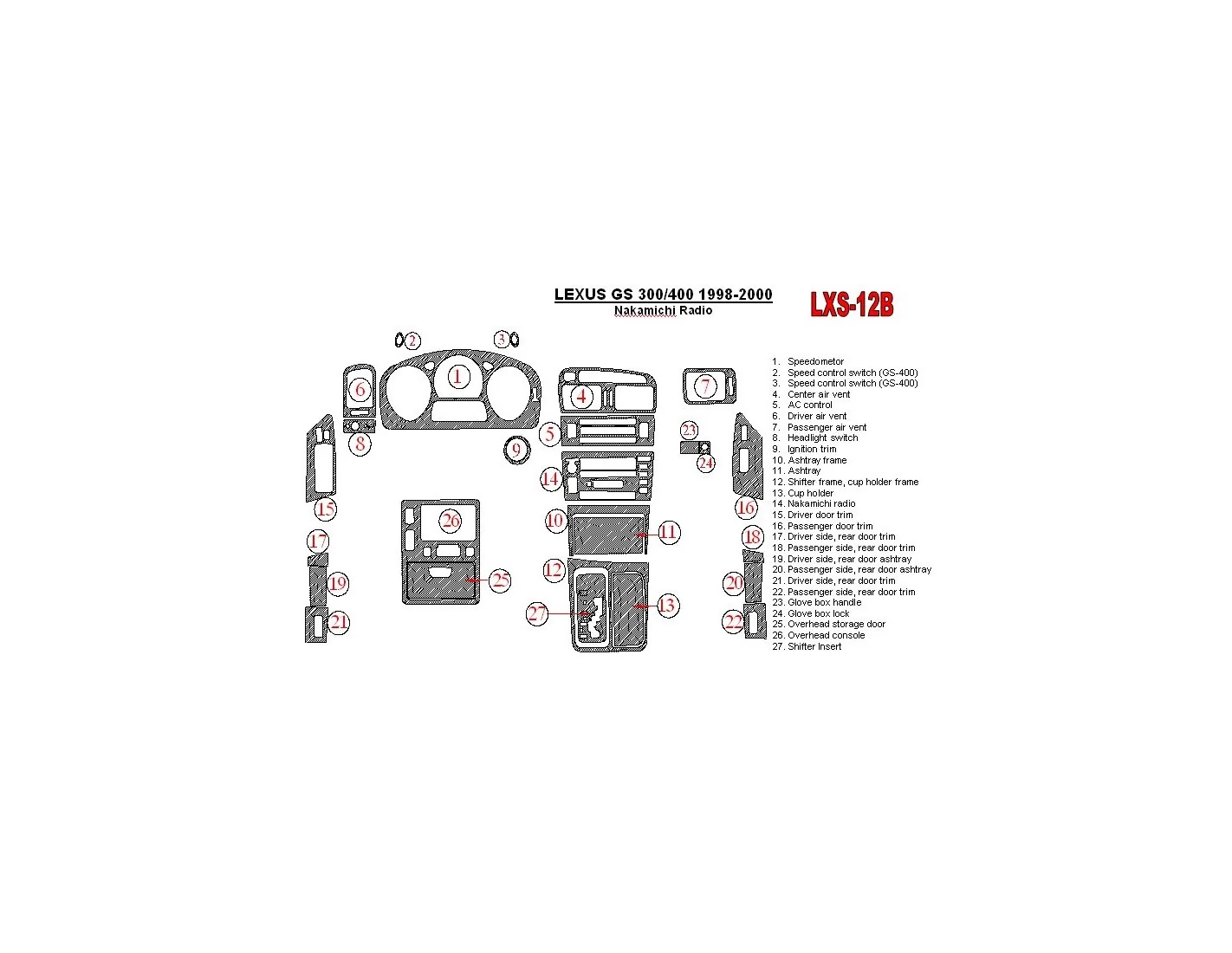 Lexus GS 1998-2000 Nakamichi Radio, OEM Compliance, 26 Parts set Interior BD Dash Trim Kit