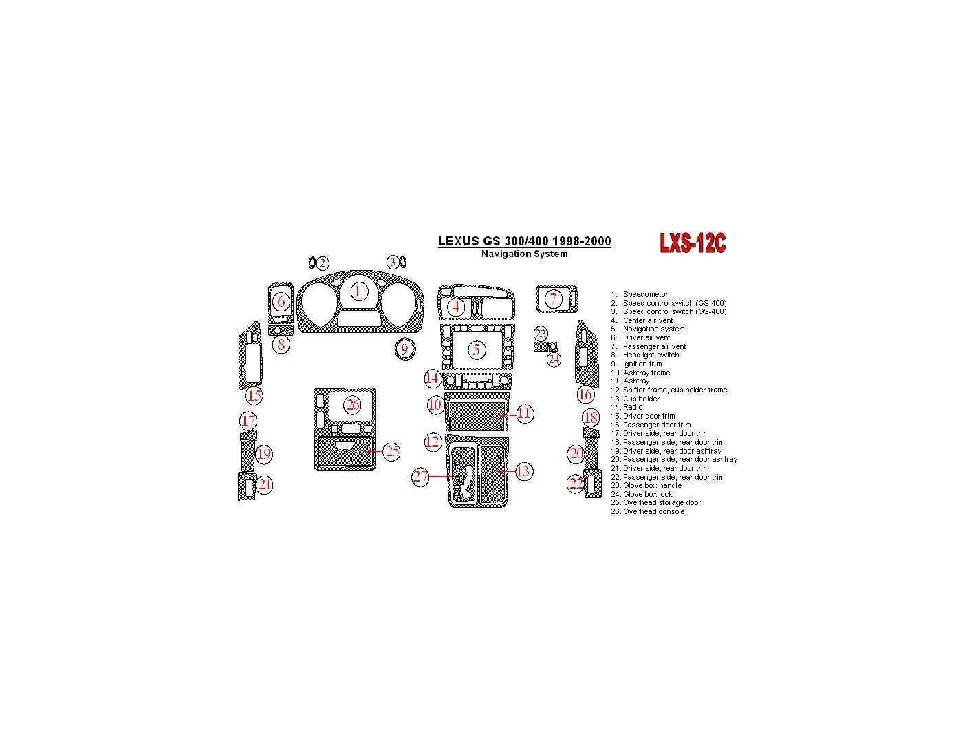 Lexus GS 1998-2000 Navigation system, OEM Compliance, 26 Parts set Interior BD Dash Trim Kit
