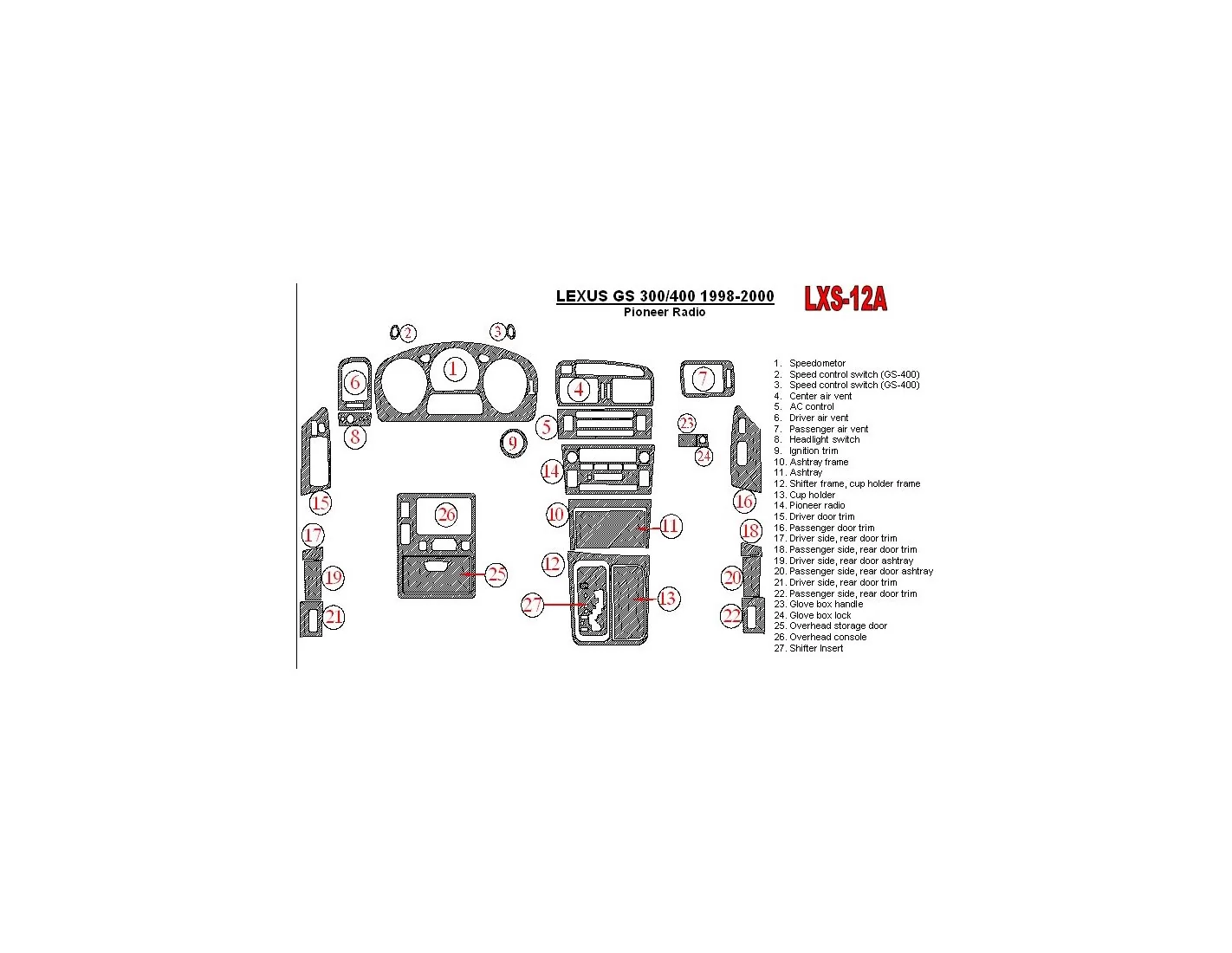 Lexus GS 1998-2000 Pioneer Radio, OEM Compliance,26 Parts set Interior BD Dash Trim Kit