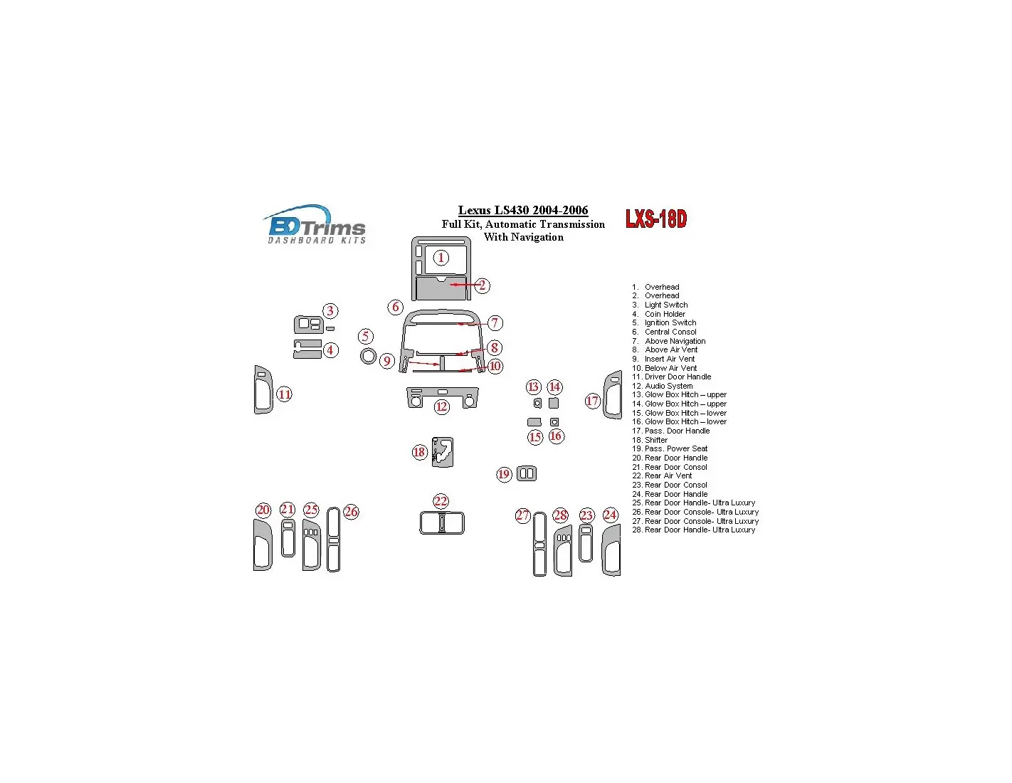 Lexus LS 2004-2006 Full Set, Automatic Gear, With Navigation Cruscotto BD Rivestimenti interni