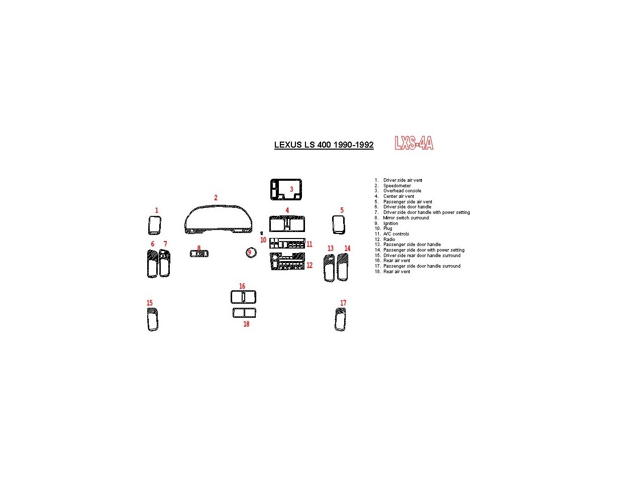 Lexus LS-400 1990-1992 Full Set, OEM Compliance, 18 Parts set Interior BD Dash Trim Kit