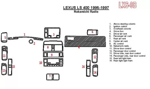 Lexus LS-400 1995-1997 Nakamichi Radio, OEM Compliance, 6 Parts set Interior BD Dash Trim Kit